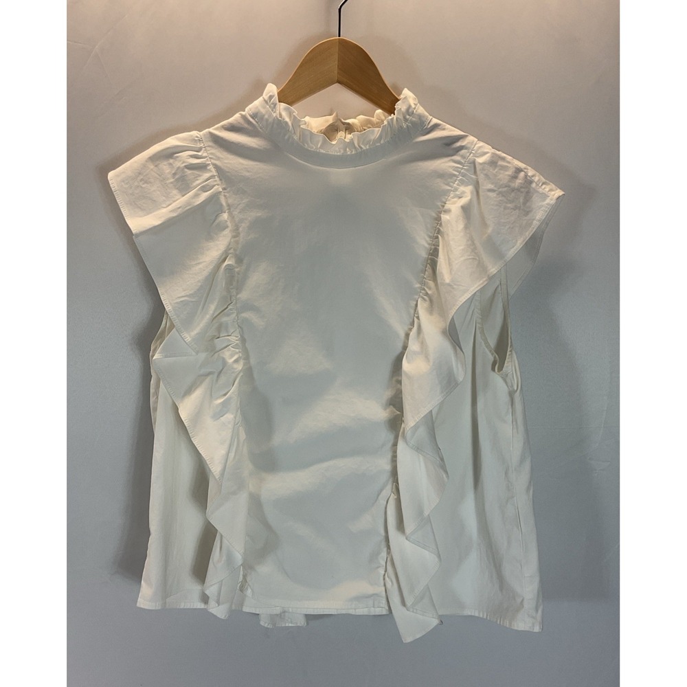 Deluc‎ Sarah White Ruffle Neck Sleeveless Subtle Structured Blouse Womens L